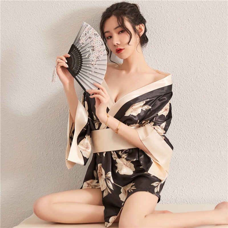 Đồ ngủ sexy áo choàng lụa kimono đen hoa váy ngủ gợi cảm quyến rũ 1570