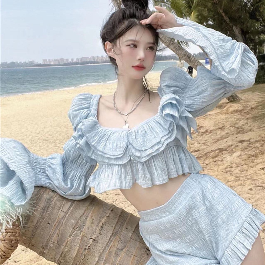 2022 fashion trend shirt blue temperament Ruffle foreign style off shoulder dress blue coat Blue Shorts Set