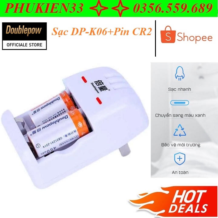 Bộ Sạc Thông Minh DP-K06 Có Đèn LED Tặng Kèm Pin Sạc Cr2 3V Doublepow Dung Lượng Cao 900mAh - Hàng Chính Hãng