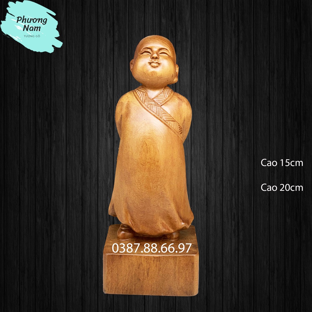 Tượng chú tiểu vạn sự tùy duyên cao 15cm và 20cm chất liệu gỗ bách xanh