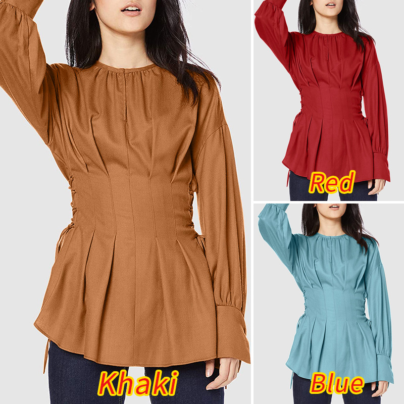 Áo Kiểu ZANZEA Cổ Tròn Tay Dài Kiểu Xếp Li Phối Dây Thắt Cho Bạn Nữ