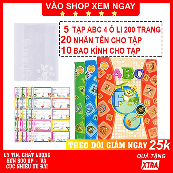 Bộ tập học sinh FREESHIP  Bộ tập học sinh sinh viên siêu tiết kiệm ( 10 tập ABC 96 trang + 20 nhãn tập + 10 bao kính )