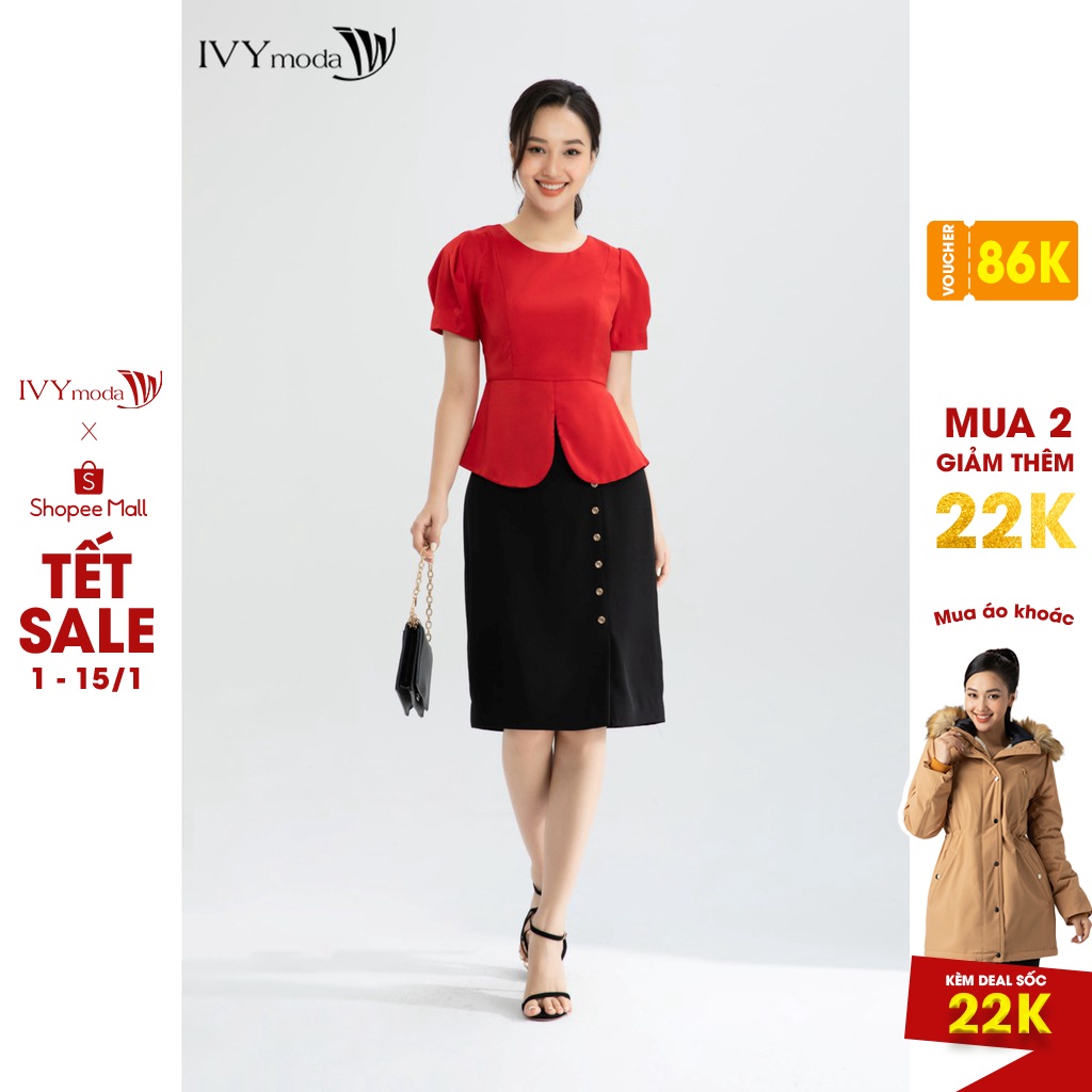 [NHẬP WABRTL5 GIẢM 10% TỐI ĐA 50K ĐH 250K ]Áo lụa đỏ dáng peplum thiết kế IVY moda MS 16T0004