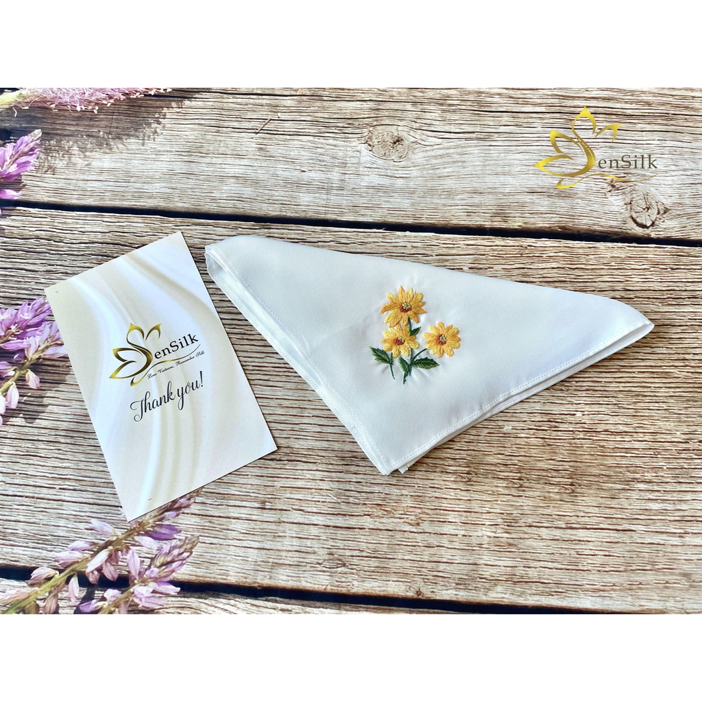 Khăn Tay Thêu Hoa Dã Quỳ SenSilk – Quà Kỷ Yếu 35x35cm, Quà tặng người yêu