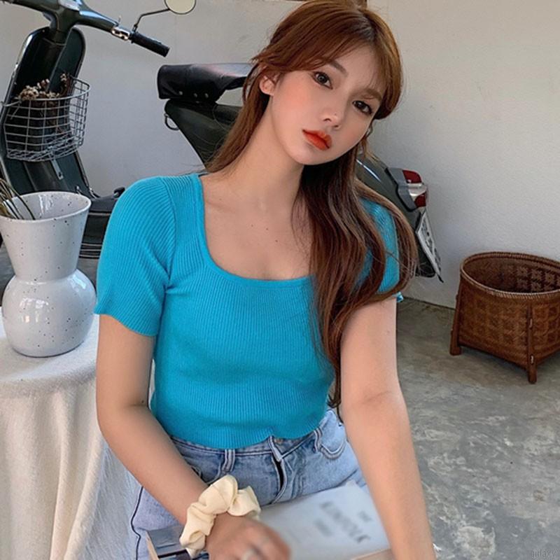 Áo Croptop Dệt Kim Tay Ngắn Cổ Vuông Màu Trơn Phong Cách Hàn Quốc Thời Trang Dễ Thương