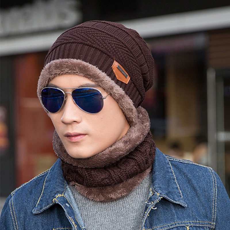 Mũ Beanie Kiêm Khăn Choàng Cổ Dệt Kim Giữ Ấm Mùa Đông Cho Nam Nữ