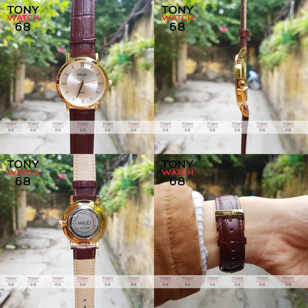 Đồng hồ nam Halei dây da mặt đồng tâm siêu mỏng mạ vàng chống nước chính hãng Tony Watch 68