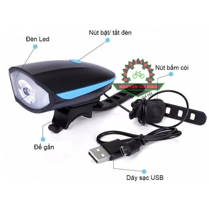 Đèn Pha Xe Đạp Kết Hợp Còi CRE XPG 7588 | LED Siêu Sáng 250 Lumens, Còi 120dB, Sạc USB, Chống Nước Mưa