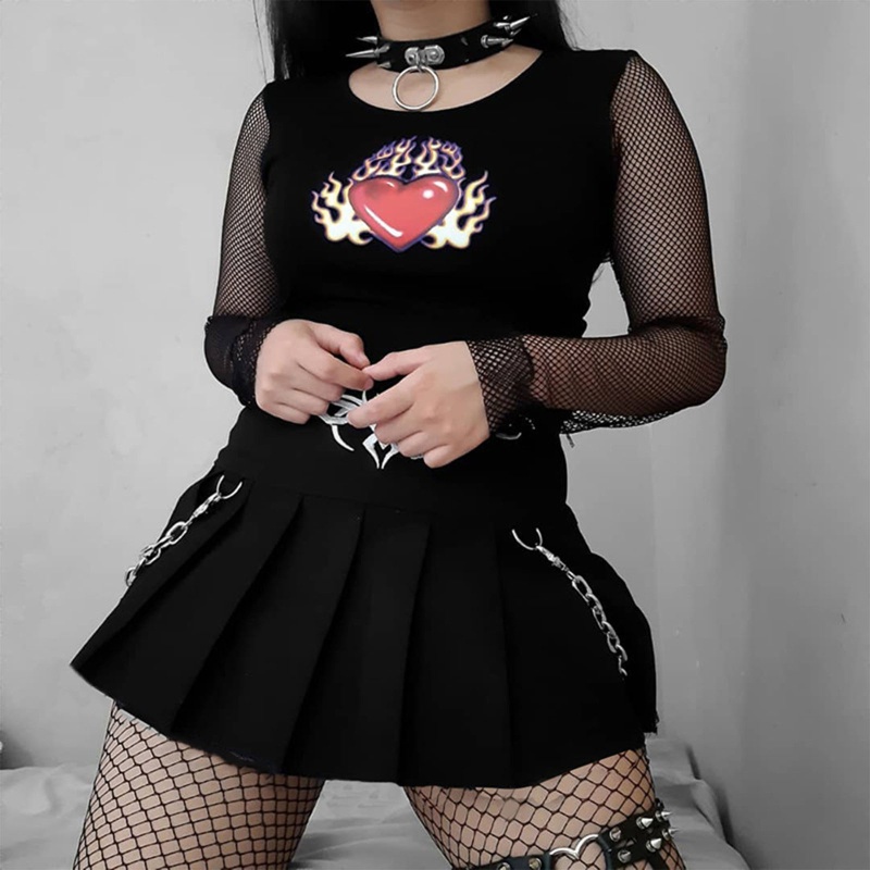 Chân Váy Chữ A Xếp Ly Lưng Cao Thêu Họa Tiết Phong Cách Harajuku Vintage Dành Cho Nữ