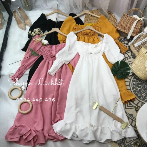 Đầm tay phồng dáng dài nhún ngực Ulzzang siêu sang Váy tay phồng Váy tay dài Đầm dáng dài Đầm tiểu thư công chúaLinh Htt