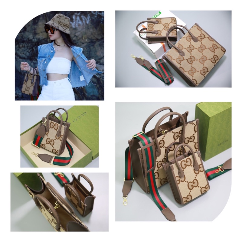 Túi chéo GC TOTE Medium&mini Size 20cm chất vải thêu logo GG hoạ tiết to mix viền da nâu