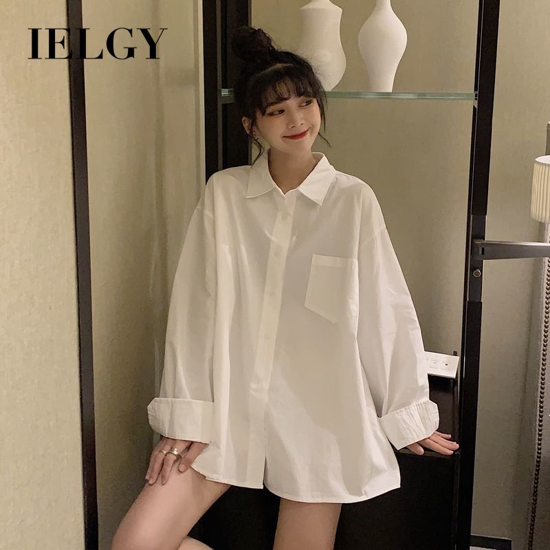 Áo sơ mi IELGY màu trắng tay dài dáng rộng thời trang cho nữ