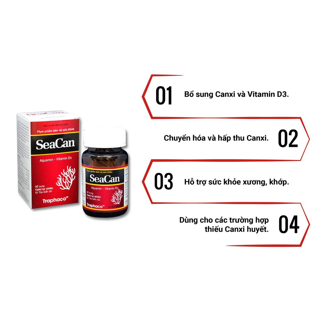 SeaCan K2 bổ sung Canxi tự nhiên từ Tảo biển đỏ - Hộp 60 viên, sản phẩm của Tranphaco