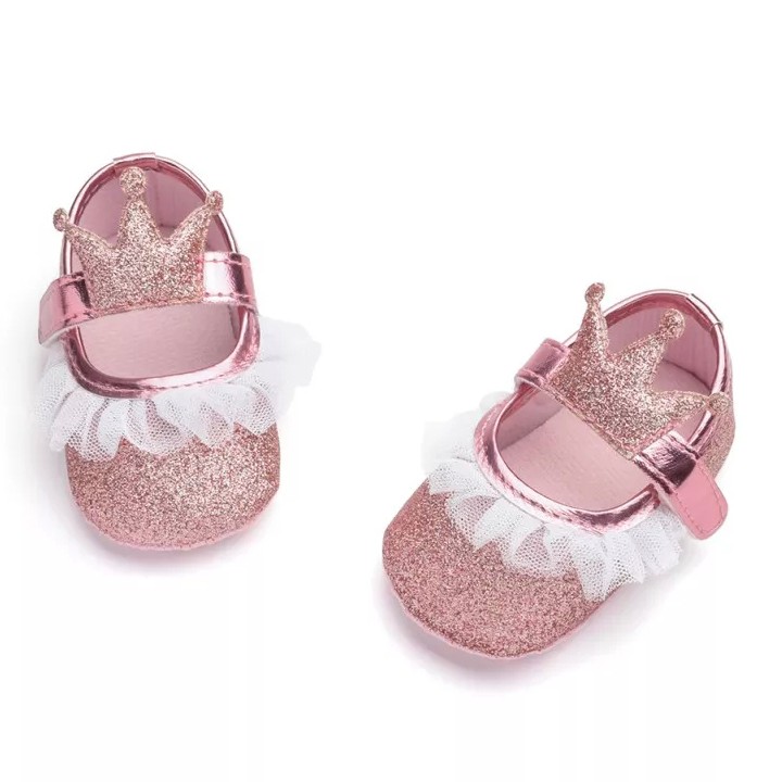 Giày tập đi công chúa lấp lánh đính vương miện phối ren đế chống trơn trượt cho bé gái 0-18 tháng tuổi BBShine – TD23