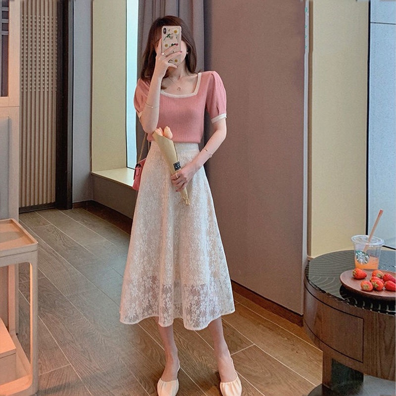 Chân Váy Chữ A Lưng Cao Phối Ren