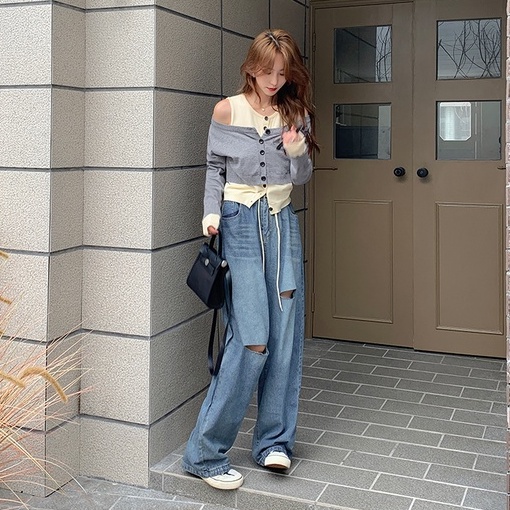 【ZHELIHANGFEI】Áo Cardigan Dệt Kim Tay Dài Hở Vai Dáng Ôm Vừa Vặn