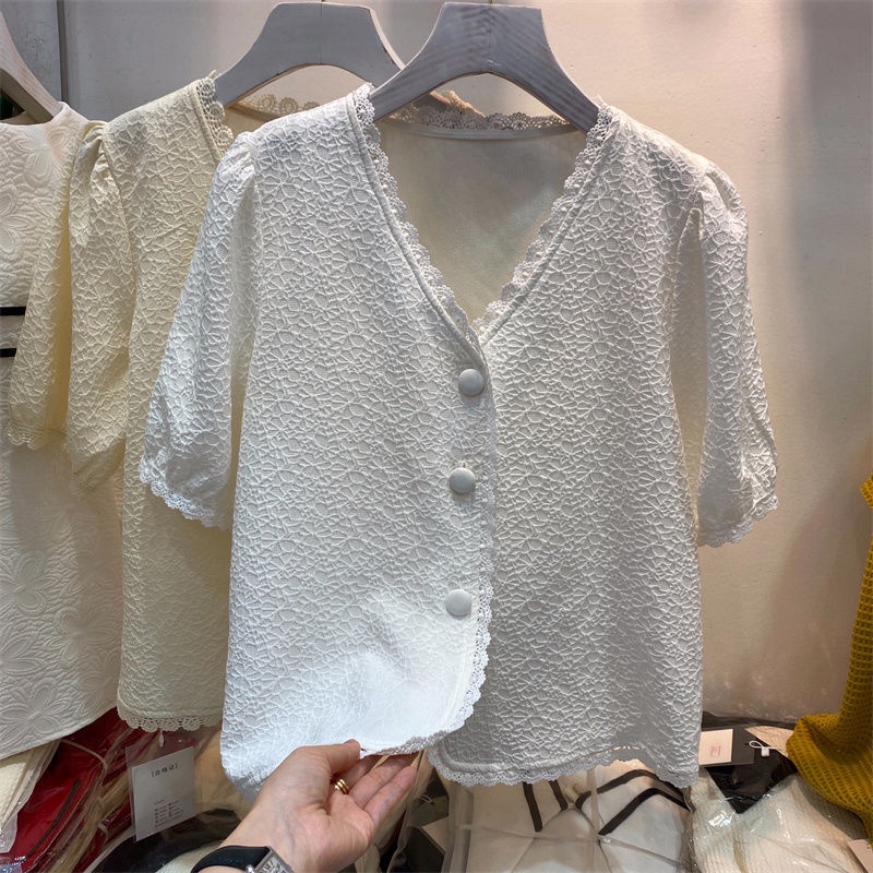 Áo Sơ Mi Ngắn Tay Cổ Chữ V Phối Ren Thiết Kế Mới Thời Trang Mùa Hè Dành Cho Nữ