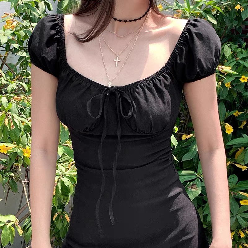 Váy xòe chữ A cổ vuông nhún ngực tay bồng màu đen WANAWEAR đầm ôm body trễ vai sexy quyến rũ hàng quảng châu cao cấp