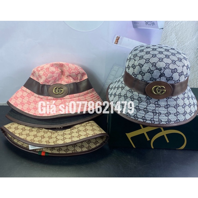Mũ vành bucket - nón bo GC viền da logo sói sắt sành điệu thời trang nữ