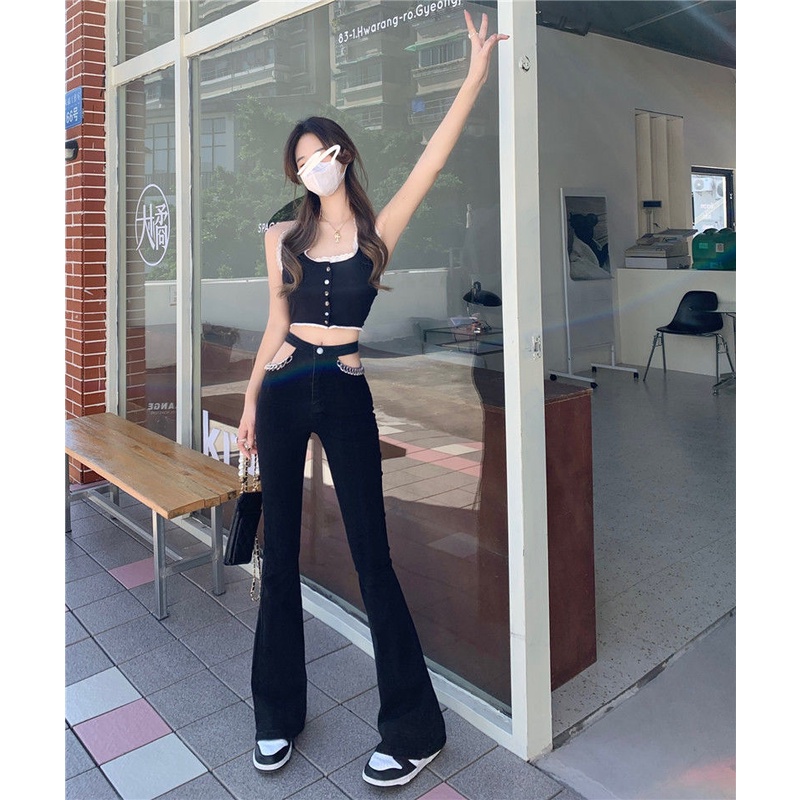 Quần Jeans Đen Lưng Cao Ống Loe Phối Dây Xích Thời Trang Cho Nữ