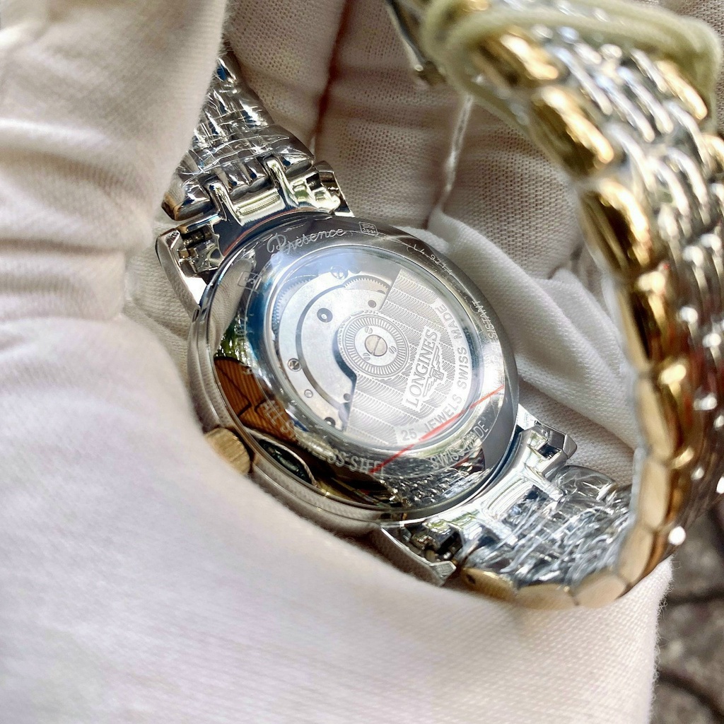 Đồng hồ Nam Longienss  cơ automatic cao cấp máy nhât số gạch 3kim 1 lịch dây kim loại size 40mm đơ mi trắng pha vàng