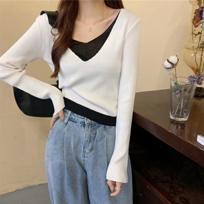 Áo thun ZHELIHANGFEI dài tay giả hai lớp phối quần lưng cao thời trang sành điệu