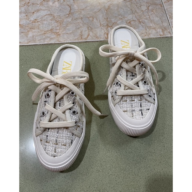 Giày Zara Xuất Đạp Gót Trắng Kem Phối Dạ Size 36 ( Có Sẵn )