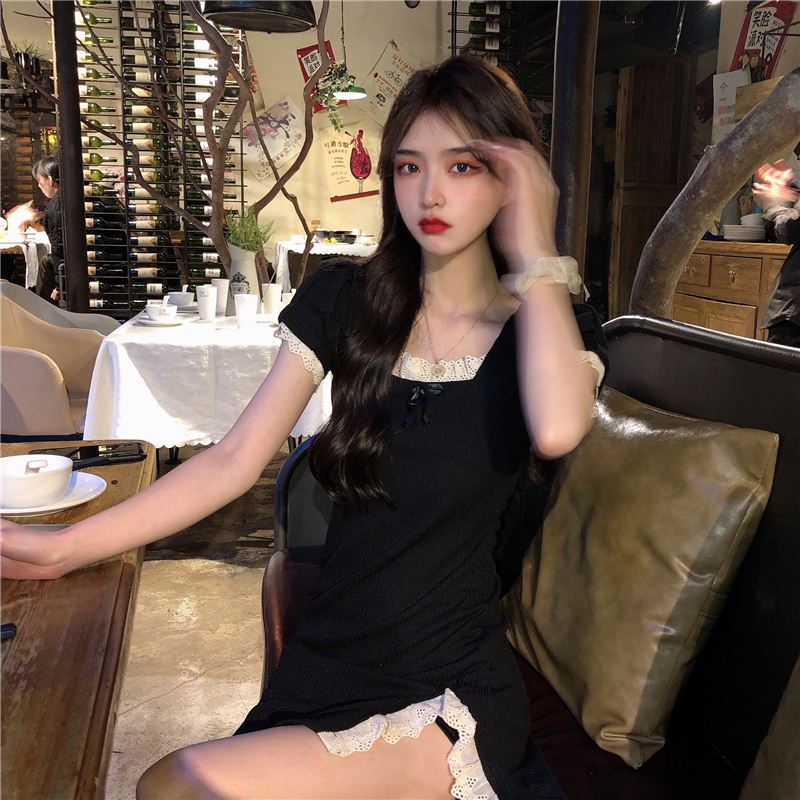 Đầm SUXI tay ngắn cổ vuông thiết kế xẻ phong cách cổ điển Pháp