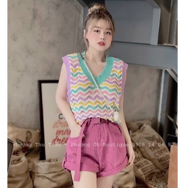 Áo len kẻ sóng ba lỗ cổ tim phối màu siêu hot L1 mh
