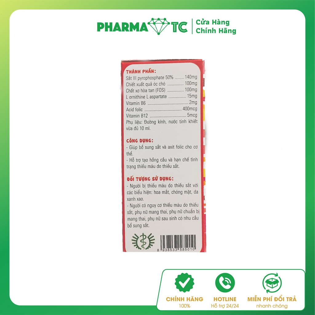 Sắt nước cho bà bầu dạng ống Fenik, sắt nước bổ sung cho cơ thể - 20 ống 10ml - PharmaOTC
