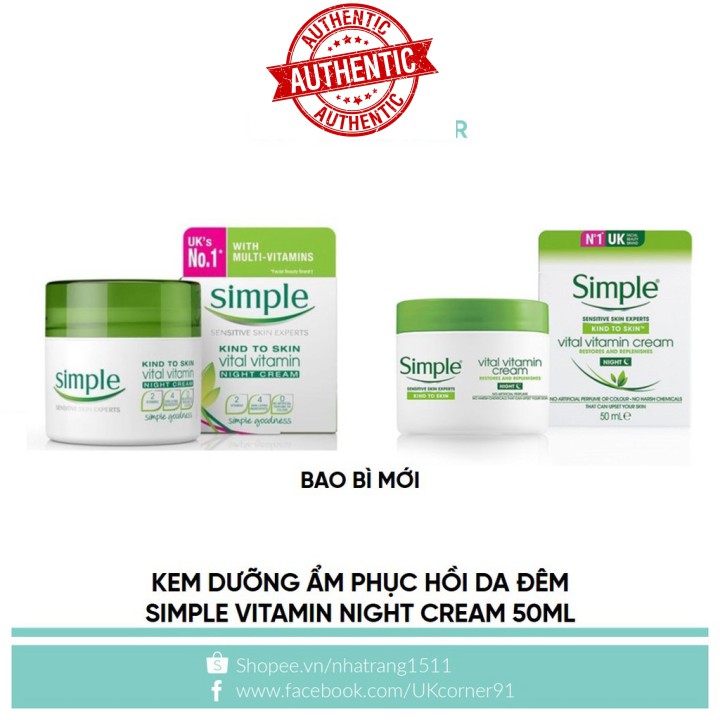 [Mã giảm giá mỹ phẩm chính hãng] Kem dưỡng ẩm phục hồi da đêm Simple Vitamin Night Cream 50 mL