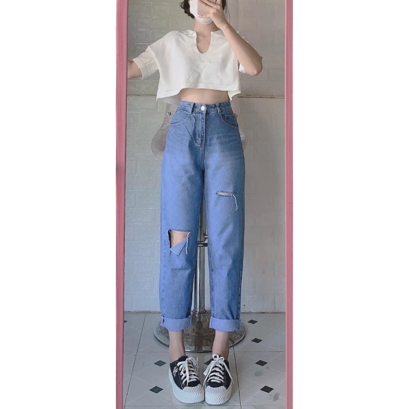 Baggy jeans lưng cao rách pt L + croptop cổ bẻ trắng