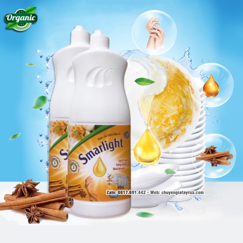 Nước Rửa Bát Hữu Cơ Chai Lớn Tiết Kiệm, Hương Quế Đậm Đặc, An Toàn, Bảo Vệ Da Tay Smarlight 800ml