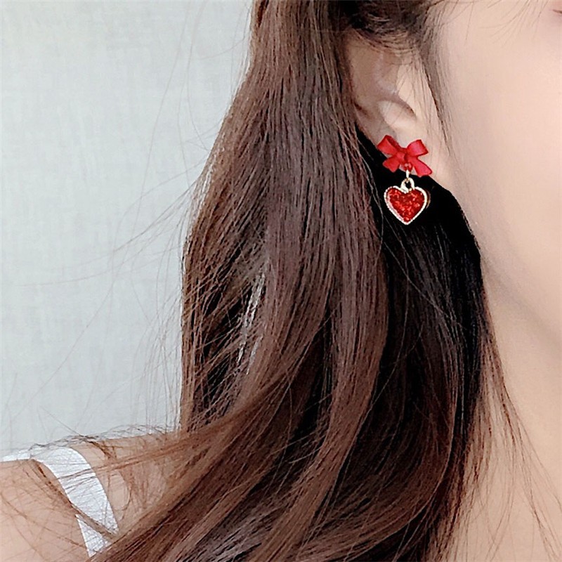 Bông Tai Nữ Nơ Trái Tim Đỏ Ulzzang Thời Trang Hàn Quốc