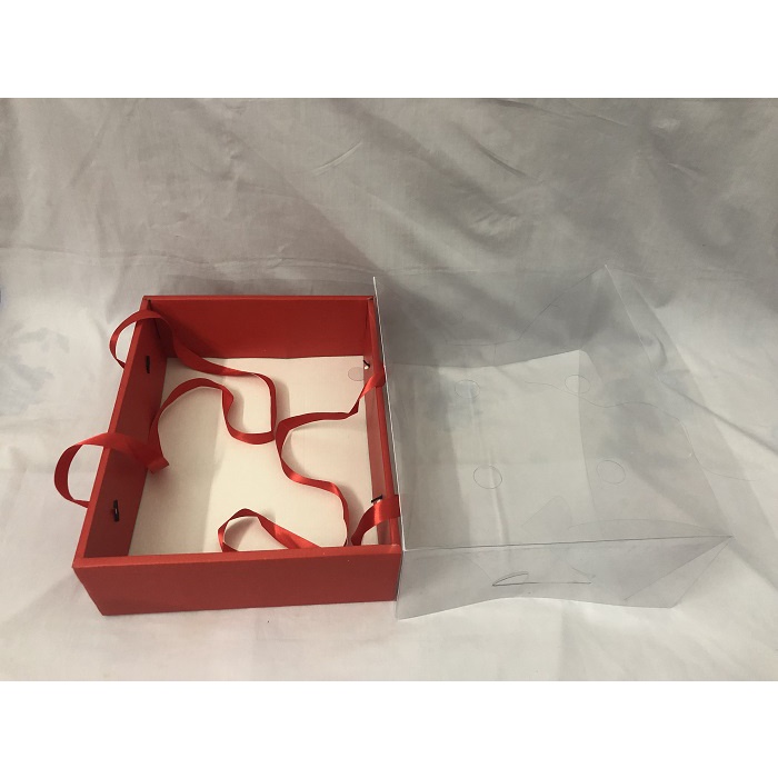 Hộp để trái cây/quà tặng màu đỏ nắp mica/mặt kiếng có quai xách kt 36x28x16,5cm/hộp