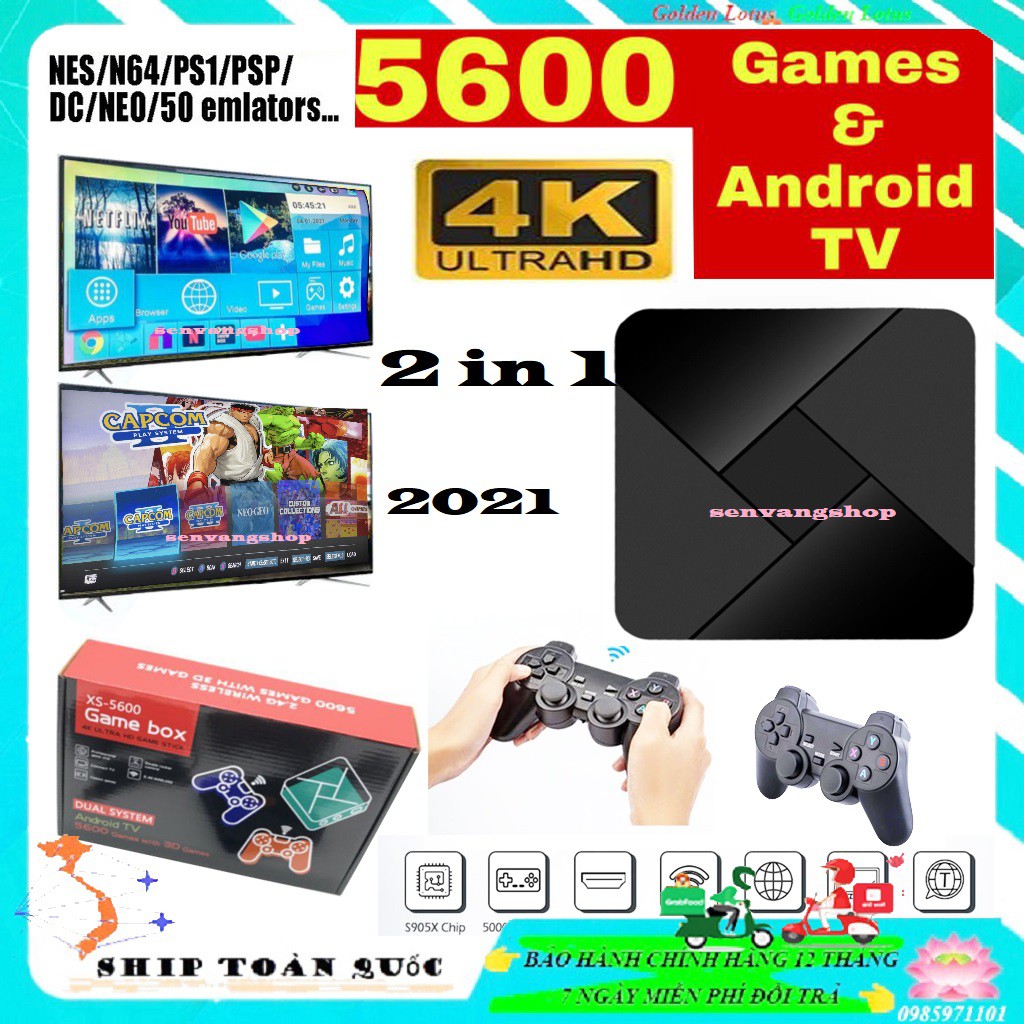 Máy chơi trò chơi video 4K -ULtraHD- Android TV- BOX 3D chơi game PS1,.. tích hợp 5600 Trò chơi với điều khiển không dây