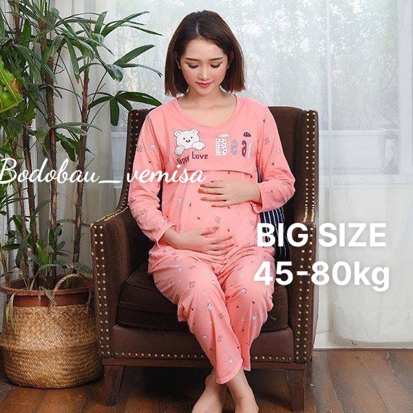 Bộ bầu và sau sinh dài tay GẤU vén ngực chất cotton cho mẹ 50-67kg quần có chun chỉnh bụng