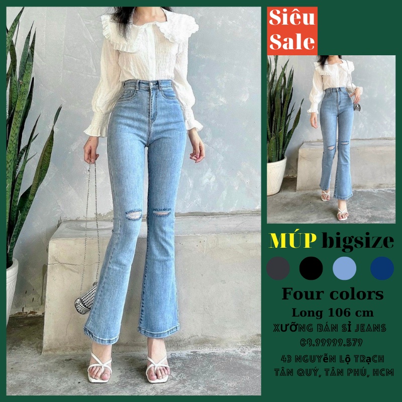 Quần Dài Jeans Co Giãn, Lưng Cao, Đen-Xanh Đậm-Xanh Sáng