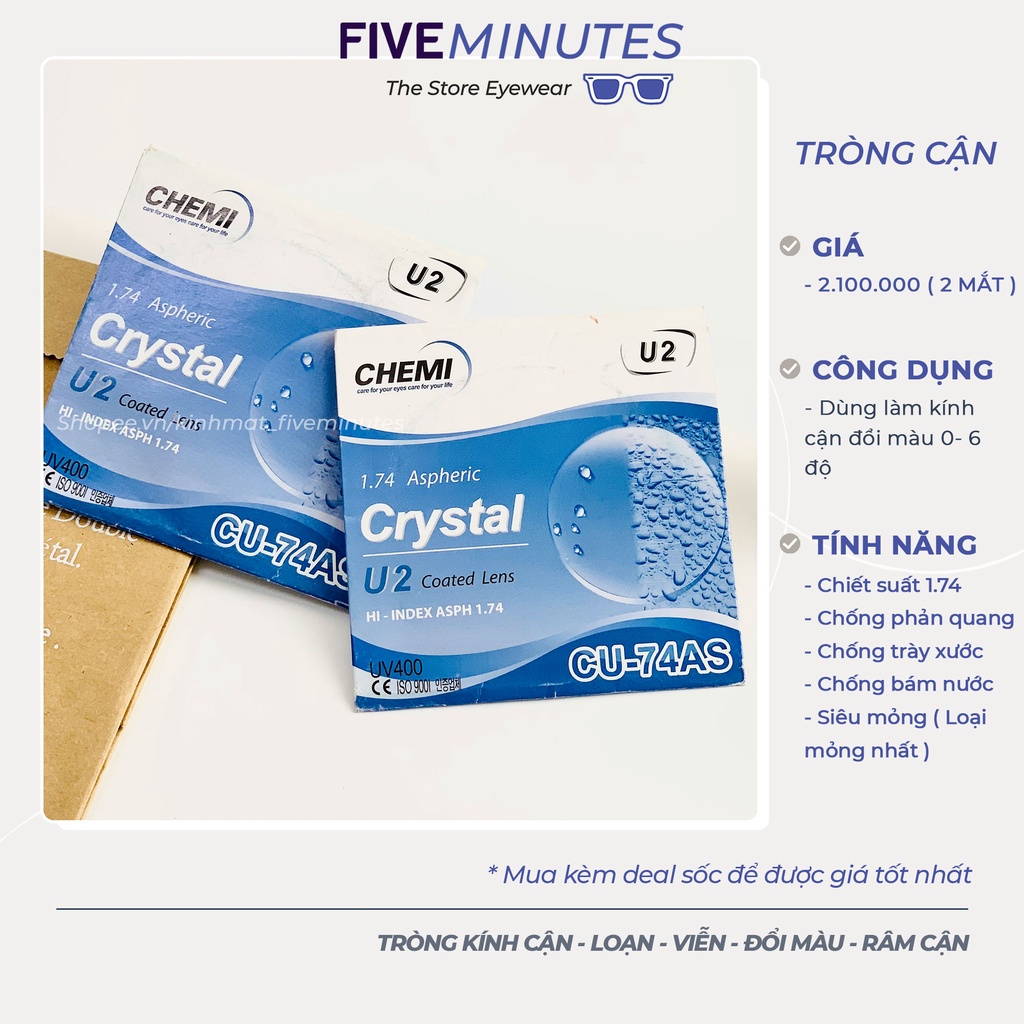 Tròng kính cận Chemi Hàn quốc U2_CRYSTAL 1.74 Loại Siêu mỏng cho các bạn độ cao ( 1-12 độ )