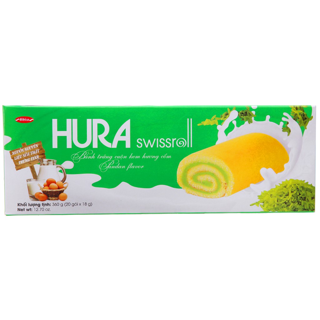 Bánh trứng cuộn kem hương cốm Hura Swissroll hộp 360g (20 cái)