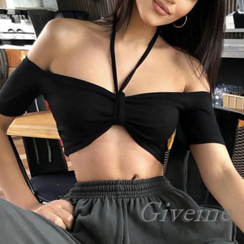Áo Croptop Tay Ngắn Hở Vai Màu Sắc Trơn Dành Cho Nữ