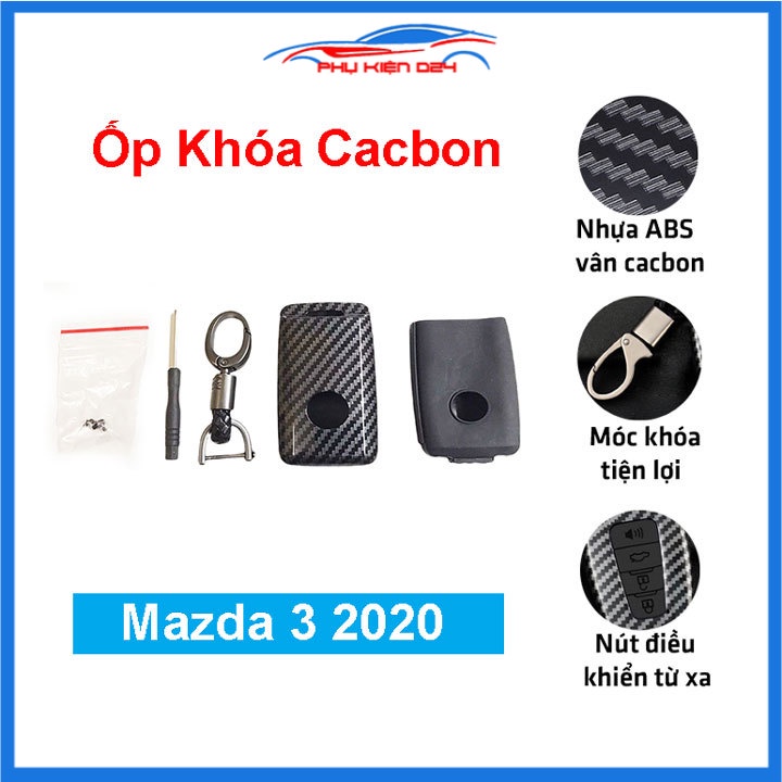 Ốp vỏ bọc chìa khóa xe Mazda 3 2020 sợi nhựa cacbon kèm móc treo Inox