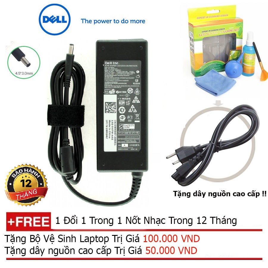 SẠC LAPTOP DELL 19.5V-4.62A chân kim nhỏ Origin + Tặng dây nguồn dài 1.8m, bộ vệ sinh laptop