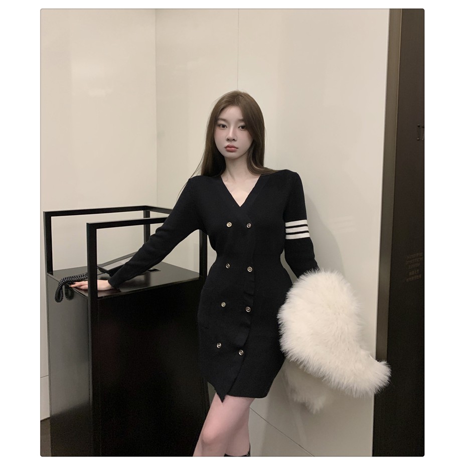 Đầm len dài tay kẻ sọc phong cách tiểu thư thanh lịch sang trọng hàng Quảng Châu đầu mùa thu mới 2021