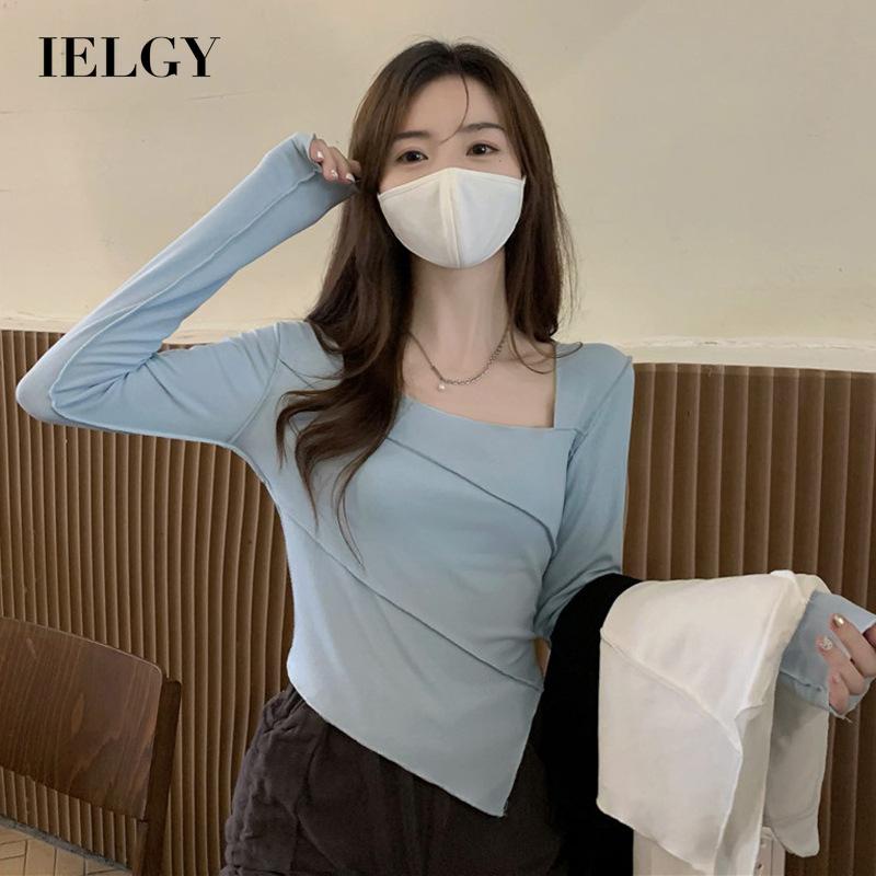 IELGY Áo Thun Tay Dài Cổ Vuông Dáng Ôm Thiết Kế Độc Đáo Thời Trang Cho Nữ