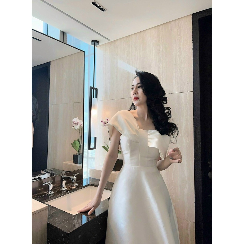 Váy đầm nữ dáng xòe dự tiệc lệch vai 1 dây màu trắng xinh xắn