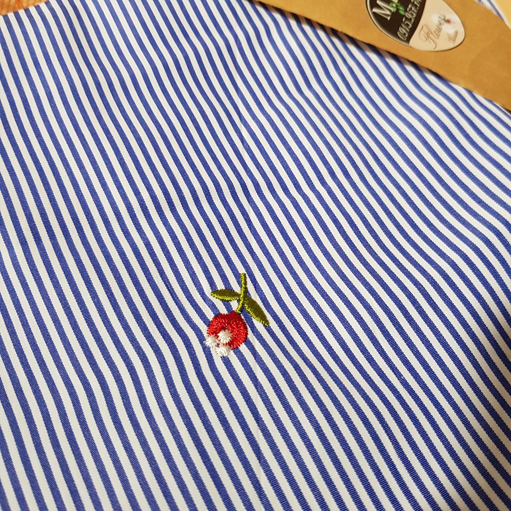 Vải kẻ xanh thêu hoa vải may áo sơ mi chất đẹp mềm mát 100x150cm, Maihoaflower