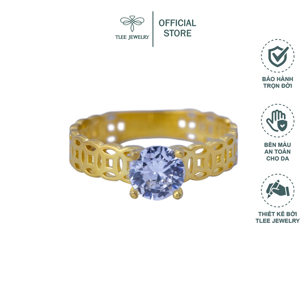 Nhẫn bạc nữ TLEE kim tiền mạ vàng 14k trụ đá bốn chấu cao cấp TleeJewelry A0144