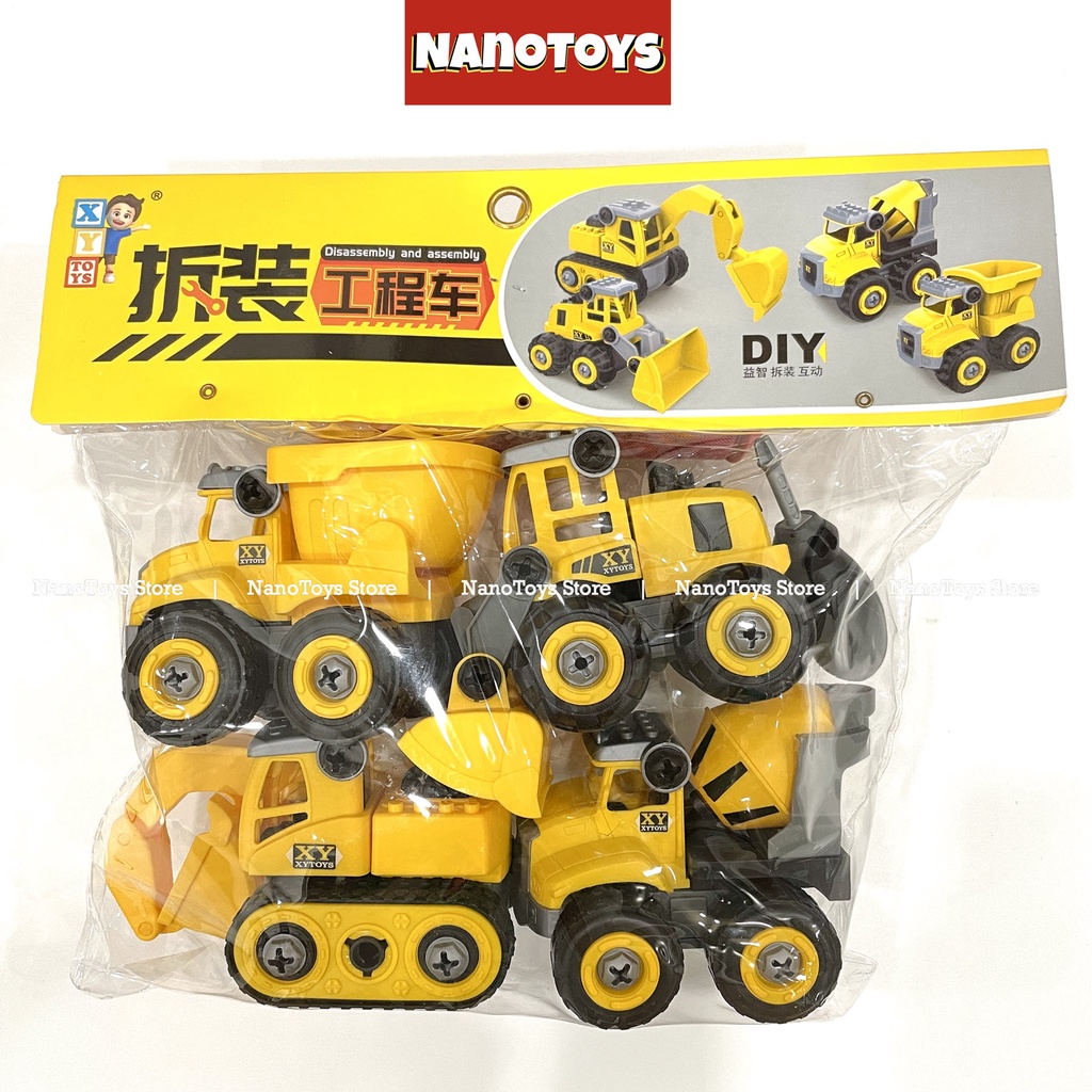 Đồ chơi xe Công trình lắp ráp chạy trớn - bộ 4 xe kèm tua vít - size L - NANOTOYS STORE