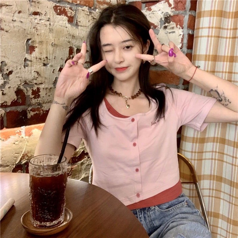 Áo Thun Tay Ngắn Giả Hai Lớp Phong Cách Hàn Quốc 185275 Áo Thun Ngắn Tay Thời Trang Mùa Hè